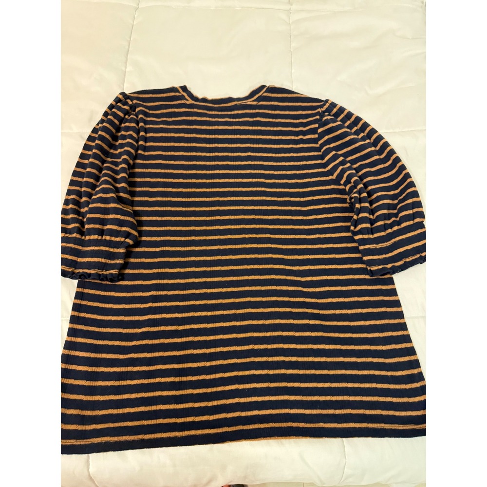 Lucky Brand Women Navy Brown Striped Puff Sleeve Ribbed Knit Top 7WD61577 Large - Picture 7 of 7